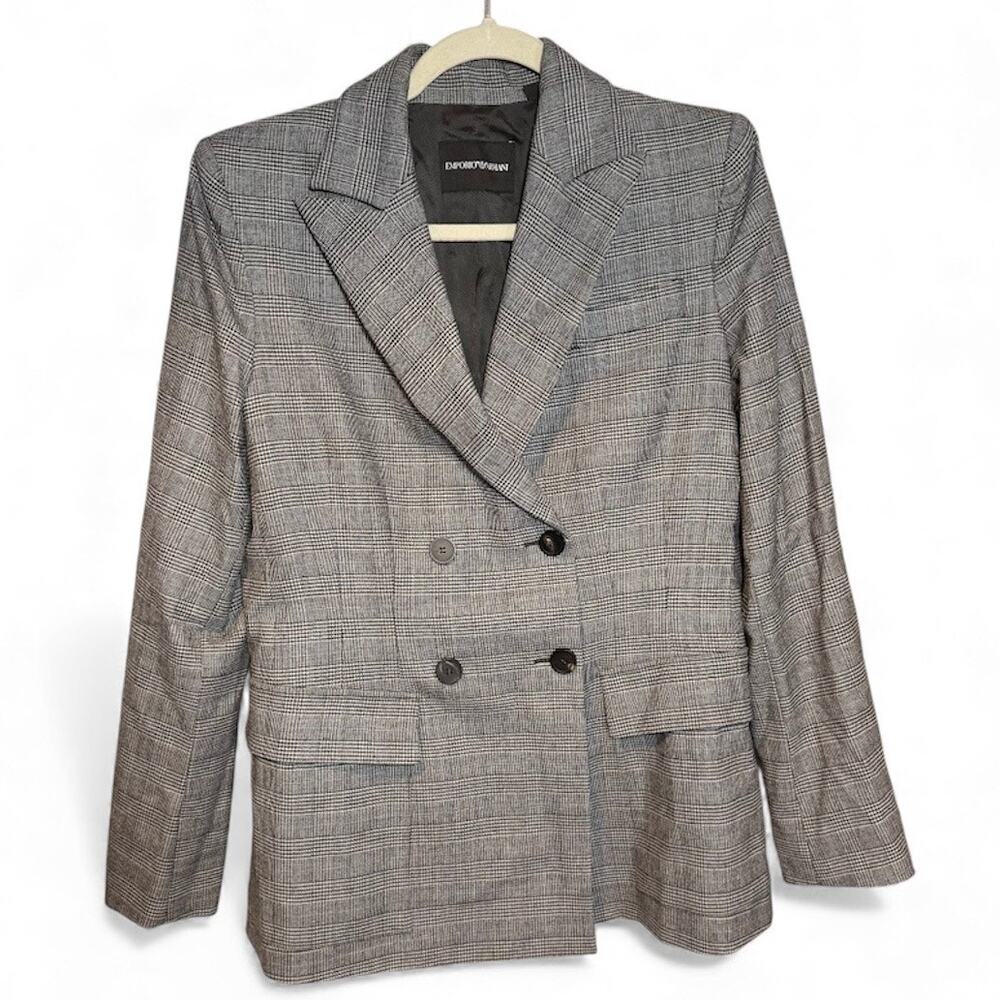 Emporio Armani Double Breasted Plaid Prince of Wales Gray Blazer Notched Lapel - Picture 1 of 13